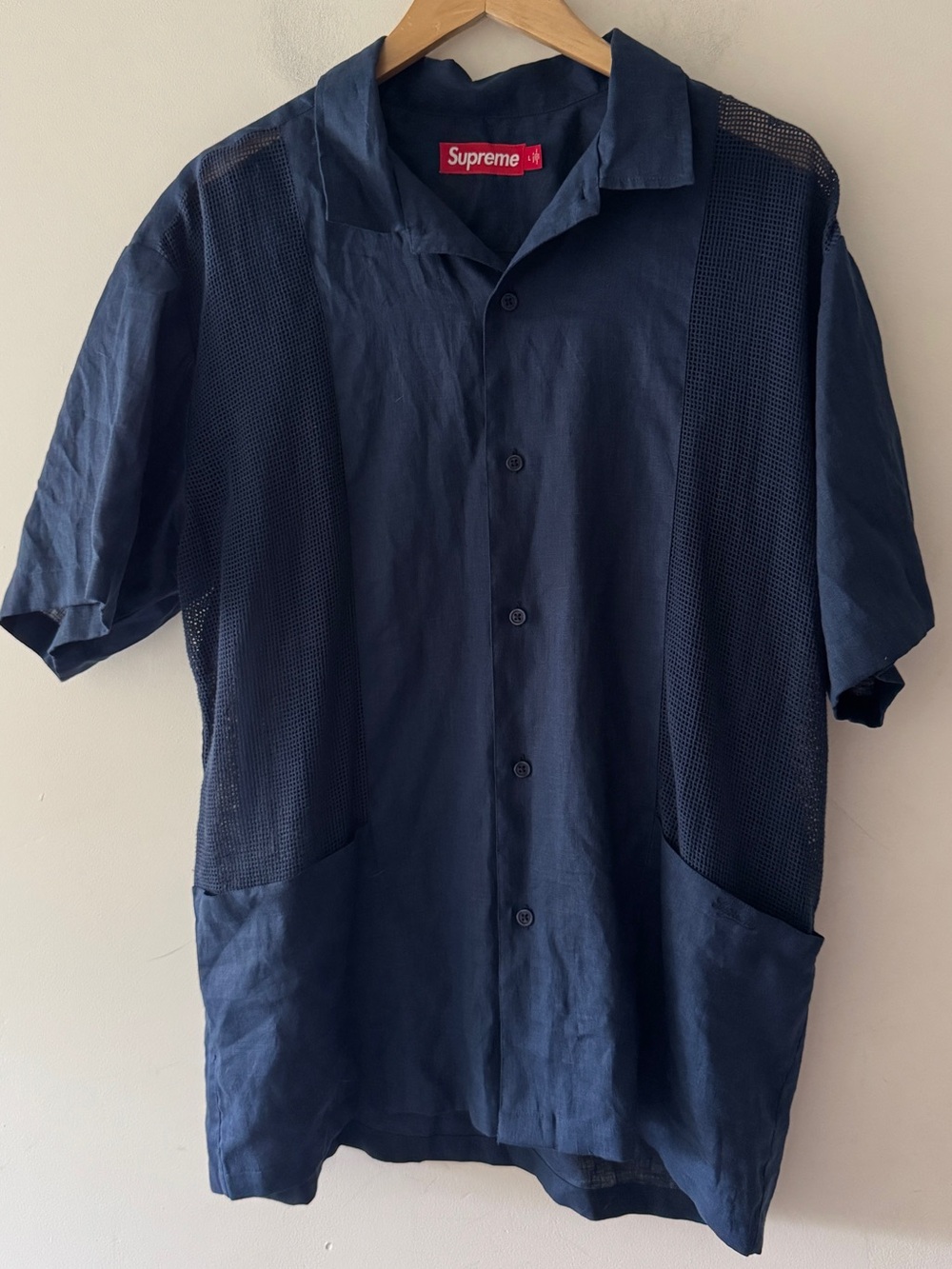 Supreme Mesh Panel Linen Short-Sleeve Shirt Navy Blue Size Large